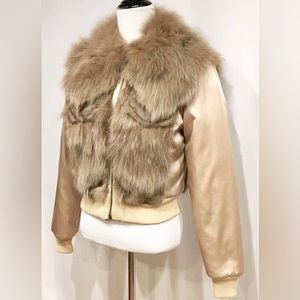 Sheri Bodell tan/gold satin genuine fox fur bomber jacket, sz medium runs small